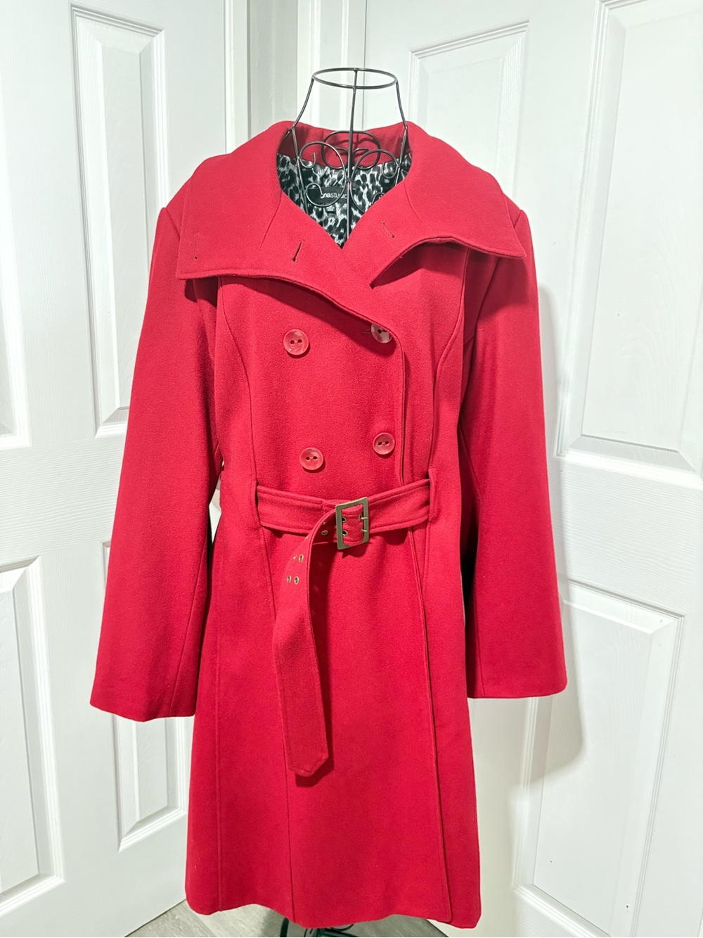 SienaStudio Red Double-Breasted Fully Lined Belted Women's Wool Polo Coat 1X